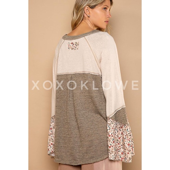 POL Olive + Cream Floral Sleeve Half Button Henley Top - Picture 14 of 16